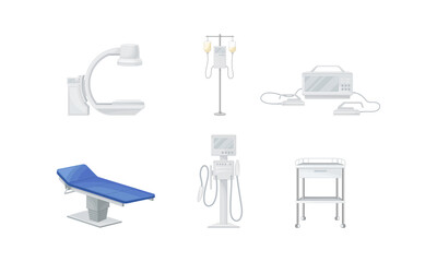 Diagnostic Medical Equipment with Surgical Table and Patient Monitor Vector Set