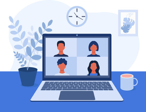 Video conference, online video communication with colleagues, friends, and students in a home or office environment. Remote work, training. Laptop screen with four people. Vector illustration in flat