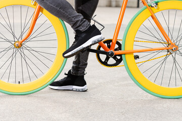Fototapeta premium Closeup of a colorful fixie bike. Sustainable urban transport concept.