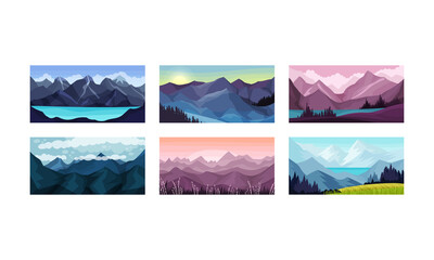Mountain Landscape with Peaks and Rocky Hills Vector Illustration Set.