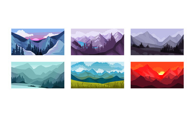 Mountain Landscape with Peaks and Rocky Hills Vector Illustration Set.
