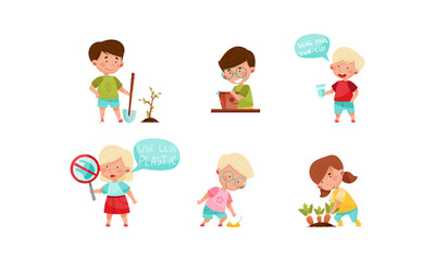 Naklejka premium Kid Characters Refusing from Plastic and Planting Vector Set