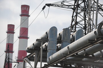 Almaty, Kazakhstan - 10.23.2015 : The territory of the thermal power plant with pipes and various...