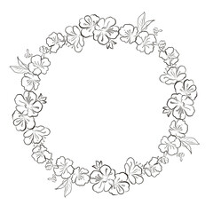 Vintage wreath with spring blossom - vector hand-drawn lines. Maybe use for wedding invitation, card design, textile.