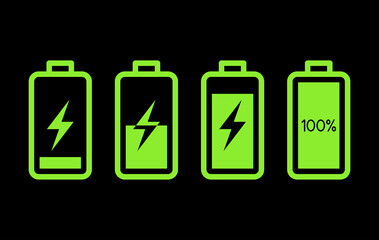 Battery charging status different level, Electric charge icon set, Power energy indicator concept, Isolated on black background, Vector illustration