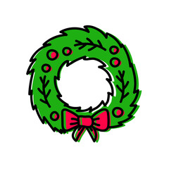 Christmas wreath sketch. Doodle line web icon. New Year festive vector handdrawn color illustration for greeting card