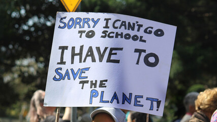 School Strike for Climate Action – Protest sign reading “sorry I cant got to school - I have to save the planet”. Sydney Australia - obrazy, fototapety, plakaty
