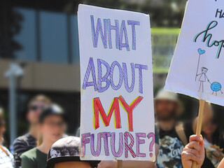 School Strike for Climate Action – Protest sign reading “What about my future?”. Sydney...