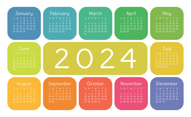 Calendar 2024 year. English colorful vector horizontal wall or pocket calender design template. New year. Week starts on Sunday