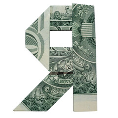 Money Origami LETTER Я Sign Cyrillic Script Folded with Real One Dollar Bill Isolated on White...
