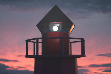 Marine active lighthouse tower. Sunset or dawn sky in the background