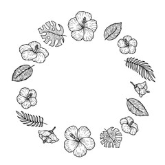 手描き風ハイビスカスとボタニカルリーフのトロピカルセット