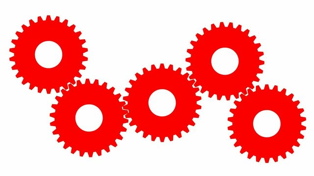 Animated red gears spin. Flat symbol. Concept of connection, teamwork, communication. Vector illustration isolated on white background.