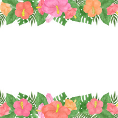 水彩ハイビスカスとボタニカルリーフのフレームイラスト