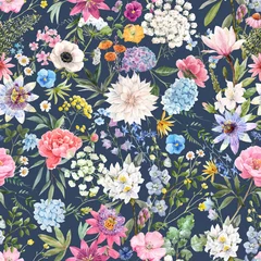 Schilderijen op glas Beautiful vector seamless floral pattern with watercolor hand drawn gentle summer flowers. Stock illustration. Natural artwork. © zenina