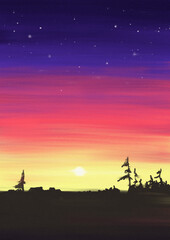 Hand painting sunset, beautiful starry sky universe space modern illustration background. 