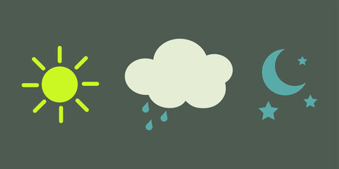 Set of vector weather icons. Day and night weather forecast. Snow rainy and sunny weather metcast. 