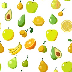 Fototapeta na wymiar The most popular fruits are fruit trees in the tropics and temperate climates. Seamless. Cartoon flat style. Apples, plums, bananas, oranges, lemons, avocados. background image. Vector