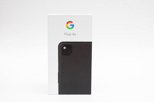 Google Pixel 4A smartphone in box on white background: New York, New York. USA 05.15.2021.