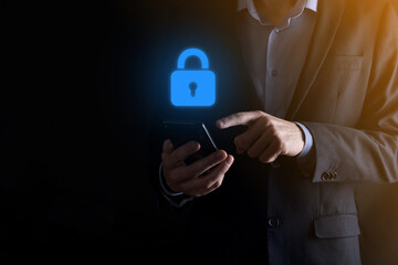 Cyber security network. Padlock icon and internet technology networking. Businessman protecting data personal information on virtual interface. Data protection privacy concept. GDPR. EU