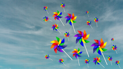 Colorful blades turbines on white cloud, paper rainbow windmill illustration