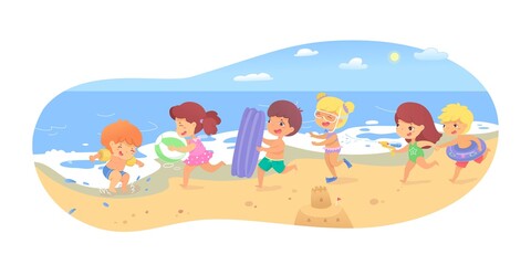 Happy children playing having fun on sand beach