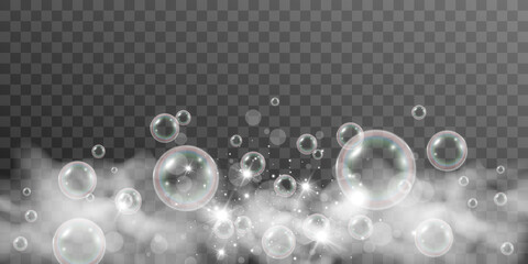 Air soap bubbles on a transparent background .Vector illustration of bulbs.