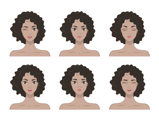 Pretty African American Girl with different facial expressions. Set of woman's emotions.  Vector illustration of cartoon style