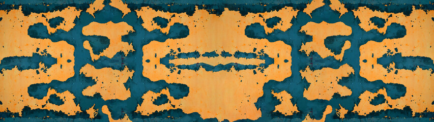 Abstract orange blue grunge peeled off exfoliated weathered damaged  steel metal wall wallpaper texture background banner panorama