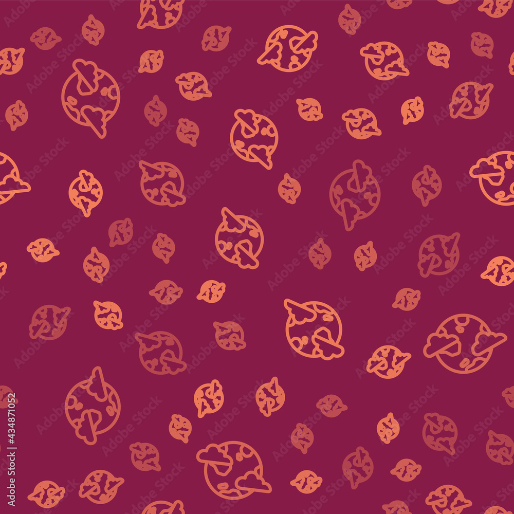Poster brown line earth planet with clouds icon isolated seamless pattern on red background. earth globe wi