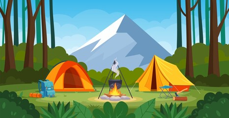 Summer camp in forest with bonfire, tent, backpack
