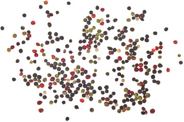 A scattering of different varieties of peppers isolated on a white background close-up.