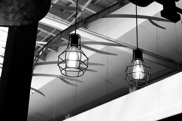 Vintage lamps hanging in cafe.