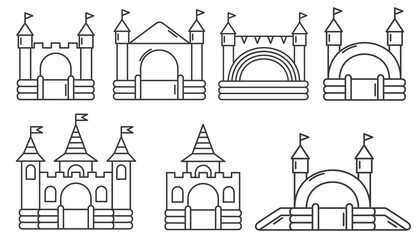 Set of bouncy inflatable castle. Tower and equipment for child playground. Vector outline illustration - obrazy, fototapety, plakaty