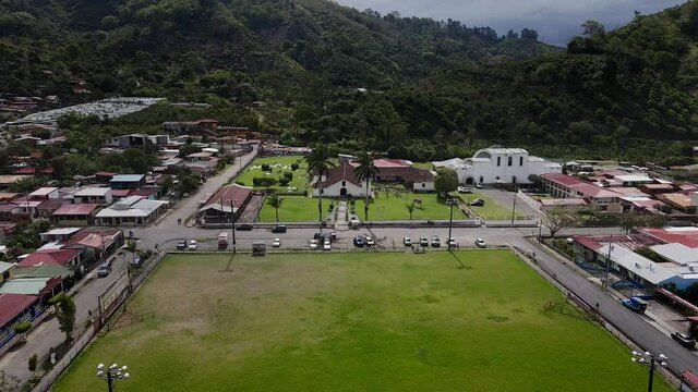 Beautiful cinematic aerial view of the Colonial Church of Orosi in Cartago