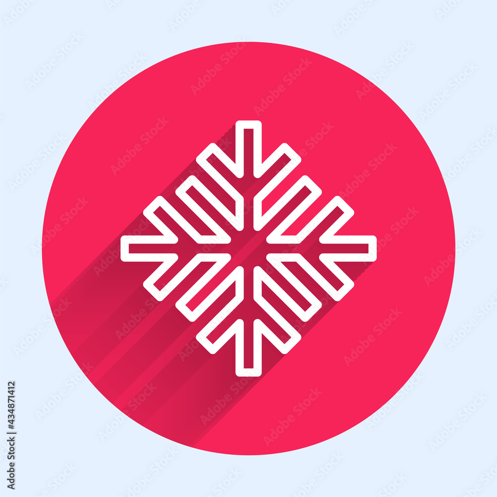 Poster white line snowflake icon isolated with long shadow. red circle button. vector