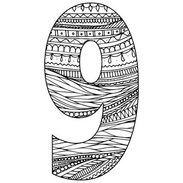 Zentangle stylized alphabet - numeral 9. vector illustration Black white hand drawn doodle, ethnic pattern