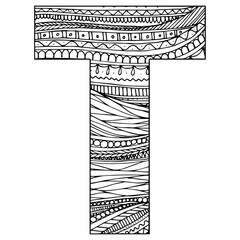 Zentangle stylized alphabet - letter T. vector illustration Black white hand drawn doodle, ethnic pattern
