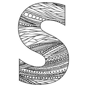 Zentangle stylized alphabet - letter S. vector illustration Black white hand drawn doodle, ethnic pattern