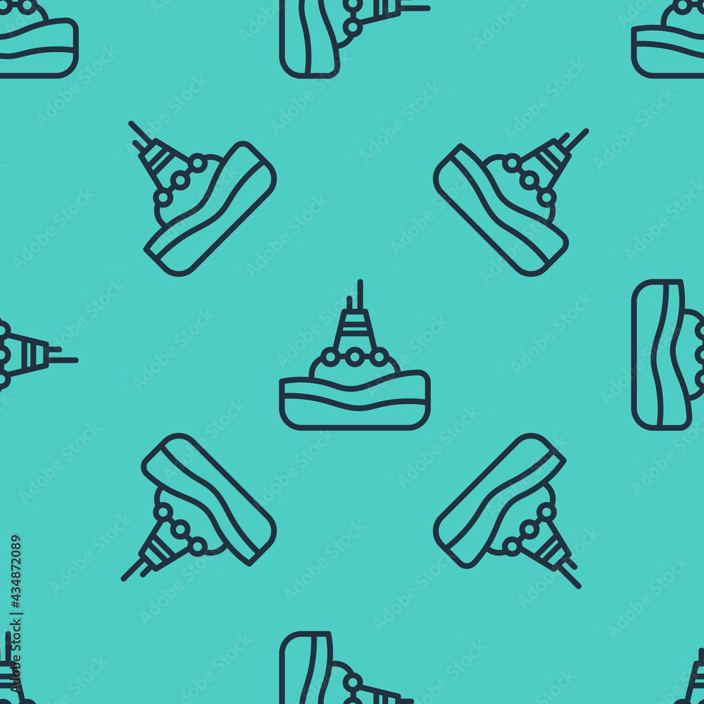 Poster black line floating buoy on the sea icon isolated seamless pattern on green background. vector