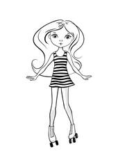 Cute girl is rollerblading. Coloring page. Cartoon design for printing t-shirts, badges, logos, labels or stickers. Vector illustration.