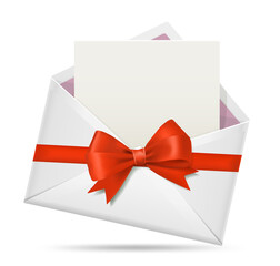 Open envelope with greeting card, with wrapping red bow realistic vector illustration.