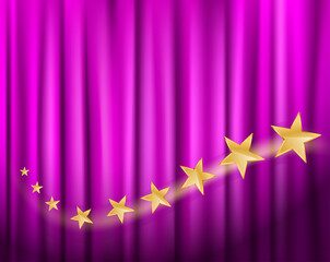 golden stars flying over purple curtain. vector illustration