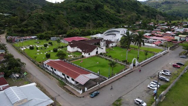Beautiful cinematic aerial view of the Colonial Church of Orosi in Cartago