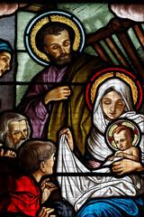 Notre Dame des Graces church.  Stained glass window. Nativity of Jesus. The Adoration of the Shepherds.