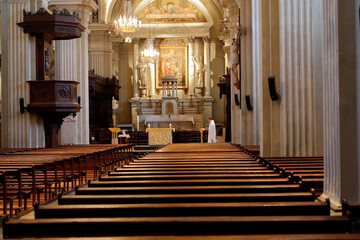 Coronavirus epidemic (COVID-19). Lockdown and Containment measures. Empty church.  Sallanches....