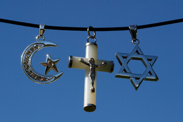 Religious symbols.  Christianity, Islam, Judaism 3 monotheistic religions. Interfaith dialogue.