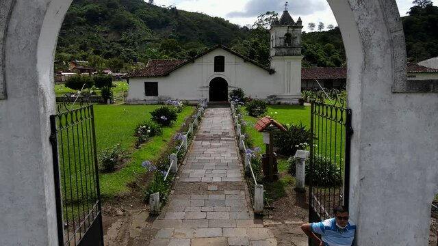 Beautiful cinematic aerial view of the Colonial Church of Orosi in Cartago