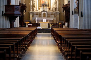  Coronavirus epidemic (COVID-19). Lockdown. Easter 2020. Celebration of  Resurrection Mass in an empty church. France..