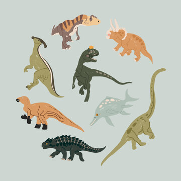 Set of funny vector flat dinosaurs in cartoon style. Illustration for children's encyclopedias and materials about dinosaurs. Ancient animals. Round concept with dinosaurs on a blue background.